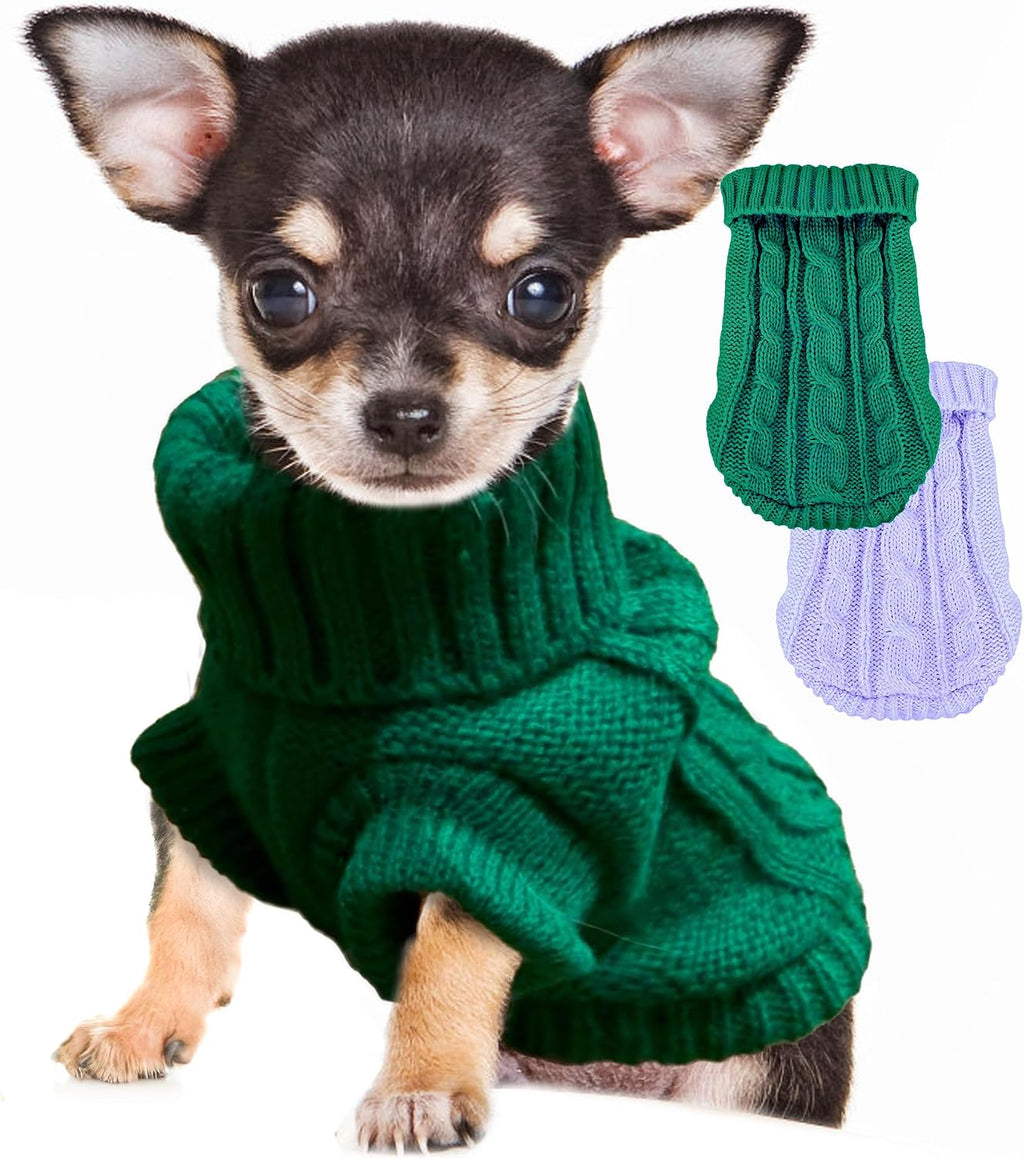 2 Pieces XXS Dog Sweater Teacup Dog Clothes Turtleneck Dog Sweater Winter Dog Clothes for Small Dogs Boy Girl, Warm Pet Coat Puppy Outfits Cat Sweater Chihuahua Yorkie Sweater, Green + Purple