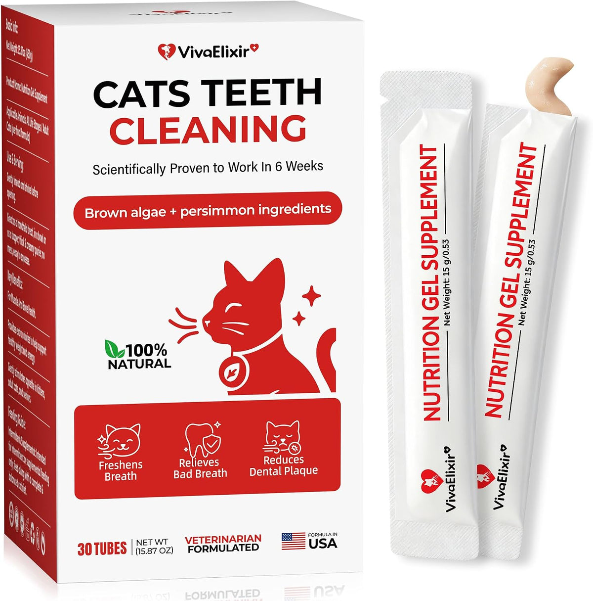 Cat Dental Care & Cat Teeth Cleaning Gel Treat for Cats – Dental Care for Cats, Cat Oral Care to Freshen Cat Breath, Help Reduce Plaque Buildup, Cats Bad Breath Support with Papain, MCC